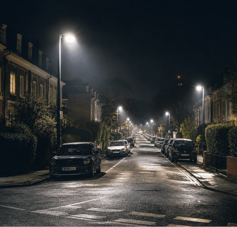 Eine nächtliche Wohnstraße mit modernen LED-Straßenlaternen, deren kaltes, helles Licht stark in die Fenster eines Hauses fällt, während eine ältere Frau im Innenraum sichtbar unter der Helligkeit leidet.