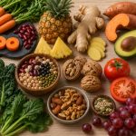 Verschiedene frische Lebensmittel wie Karotten, Ananas, Ingwer, Avocado, Brokkoli, Bohnen, Walnüsse, Tomaten, Knoblauch und Trauben liegen dekorativ auf einem Holztisch arrangiert.