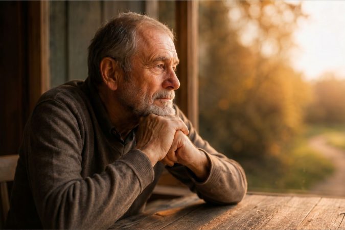 Älterer Mann sitzt nachdenklich an einem Holztisch und blickt bei warmem Abendlicht aus dem Fenster in die Natur.