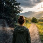 Eine Person steht im warmen Abendlicht an einer Weggabelung und blickt auf zwei unterschiedliche Wege – einen geordneten, urbanen Pfad und einen natürlichen, unberührten Weg – umgeben von ruhiger Landschaft.
