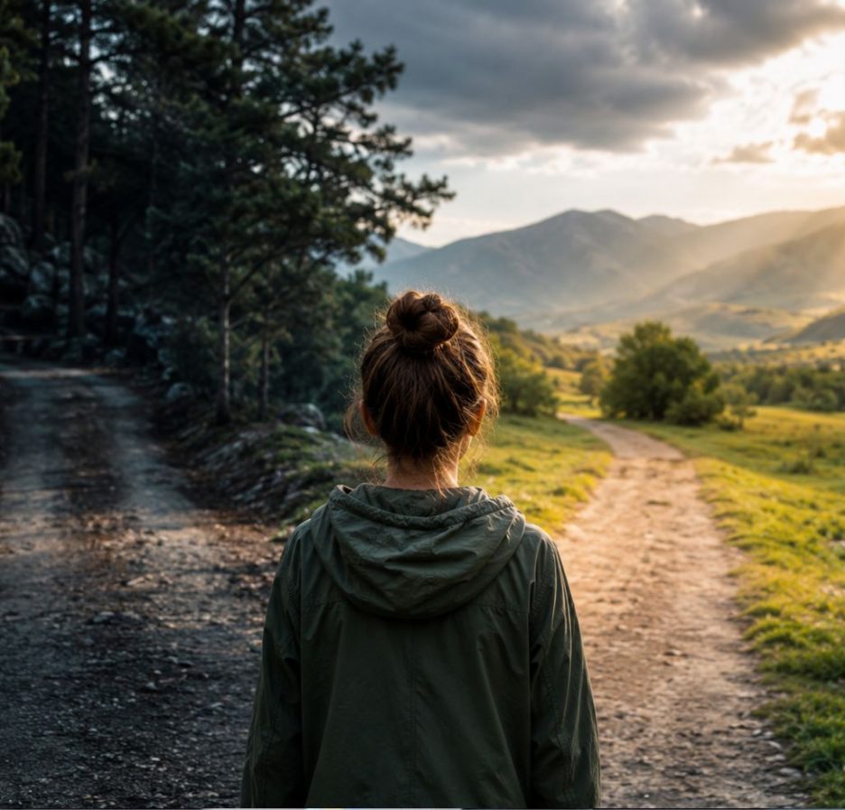 Eine Person steht im warmen Abendlicht an einer Weggabelung und blickt auf zwei unterschiedliche Wege – einen geordneten, urbanen Pfad und einen natürlichen, unberührten Weg – umgeben von ruhiger Landschaft.
