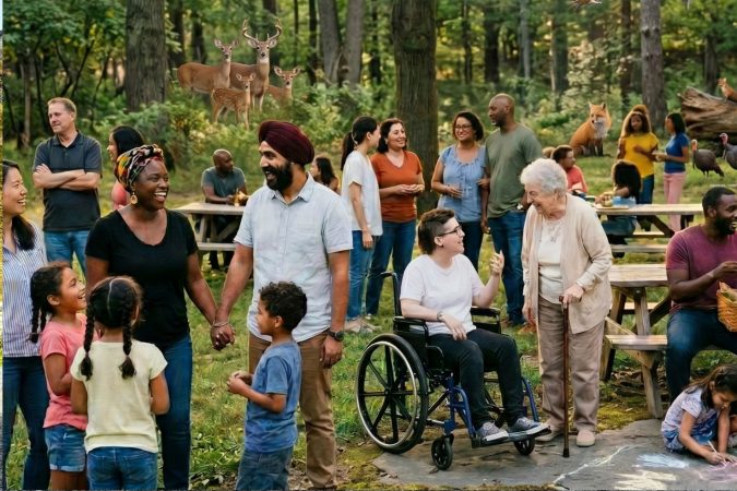 Eine vielfältige Gruppe von Menschen unterschiedlichen Alters und Hintergrunds trifft sich in einem Waldpark zu einem gemeinsamen Picknick. Kinder spielen im Vordergrund, eine Person sitzt im Rollstuhl, und eine ältere Frau steht mit Gehstock daneben. Im Hintergrund sind Wildtiere wie Rehe, Füchse und Truthähne zwischen den Bäumen zu sehen.