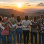 Eine vielfältige Gruppe von Menschen steht Arm in Arm auf einer Anhöhe und blickt gemeinsam in einen warmen Sonnenuntergang über einer friedlichen Berglandschaft.