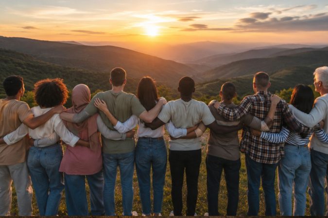 Eine vielfältige Gruppe von Menschen steht Arm in Arm auf einer Anhöhe und blickt gemeinsam in einen warmen Sonnenuntergang über einer friedlichen Berglandschaft.