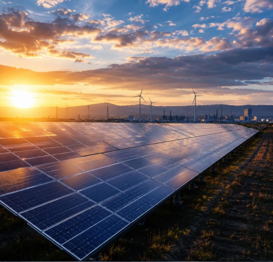 Weitläufiger Solarpark bei Sonnenuntergang mit langen Reihen moderner Solarmodule, Windrädern im Hintergrund und dramatischem Himmel in warmen Gold- und Blautönen.