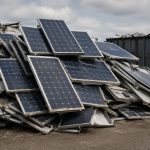 Eine große Anlage aus ausgedienten Solarmodulen liegt auf einem Recyclinghof, während im Hintergrund moderne Solarpaneele und industrielle Recyclinganlagen unter dramatischem Himmel zu sehen sind. Arbeiter sortieren Module, Metallrahmen und Glasreste, was den Übergang von Umweltproblem zu Kreislaufwirtschaft symbolisiert.