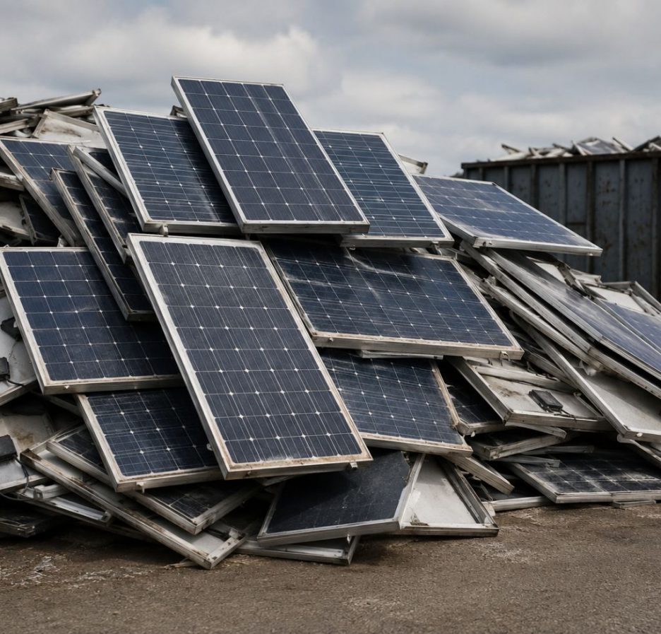 Eine große Anlage aus ausgedienten Solarmodulen liegt auf einem Recyclinghof, während im Hintergrund moderne Solarpaneele und industrielle Recyclinganlagen unter dramatischem Himmel zu sehen sind. Arbeiter sortieren Module, Metallrahmen und Glasreste, was den Übergang von Umweltproblem zu Kreislaufwirtschaft symbolisiert.