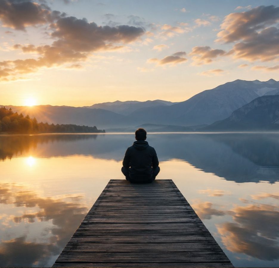 Eine einzelne Person sitzt auf einem hölzernen Steg an einem vollkommen ruhigen Bergsee. Die aufgehende oder untergehende Sonne taucht die Landschaft in warmes Licht, während sich Wolken, Berge und Himmel spiegelglatt im Wasser reflektieren. Die Szene vermittelt Stille, Nachdenklichkeit und innere Ruhe.