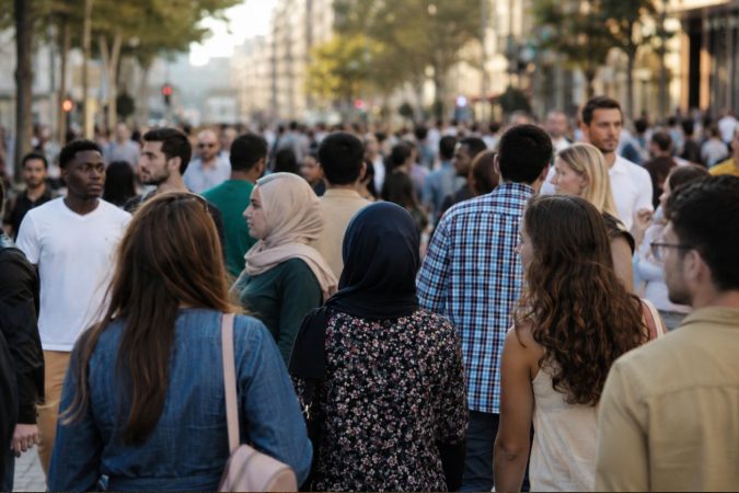 Menschen unterschiedlicher Herkunft bewegen sich auf einer belebten städtischen Straße. Die Aufnahme zeigt eine vielfältige Gruppe von Passanten in einer urbanen Umgebung bei Tageslicht.