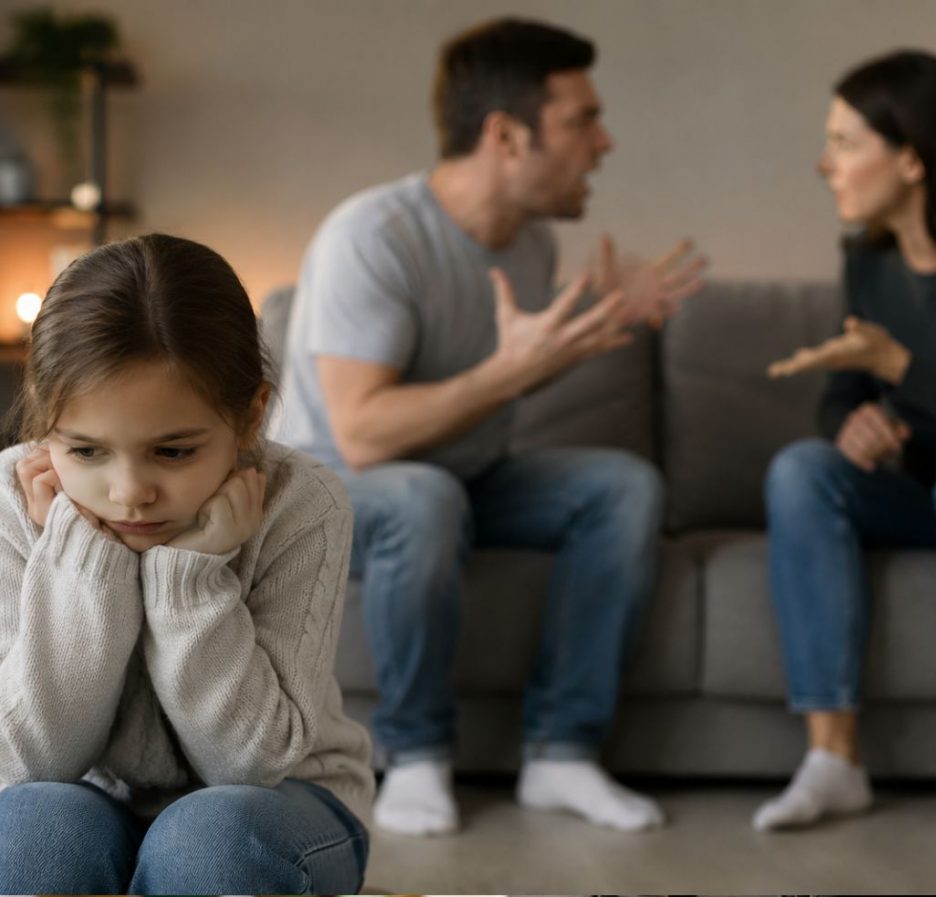 Ein trauriges Mädchen sitzt im Vordergrund eines Wohnzimmers und blickt bedrückt nach unten, während ihre Eltern im Hintergrund auf dem Sofa laut streiten. Die angespannte Atmosphäre verdeutlicht die emotionale Belastung des Kindes.