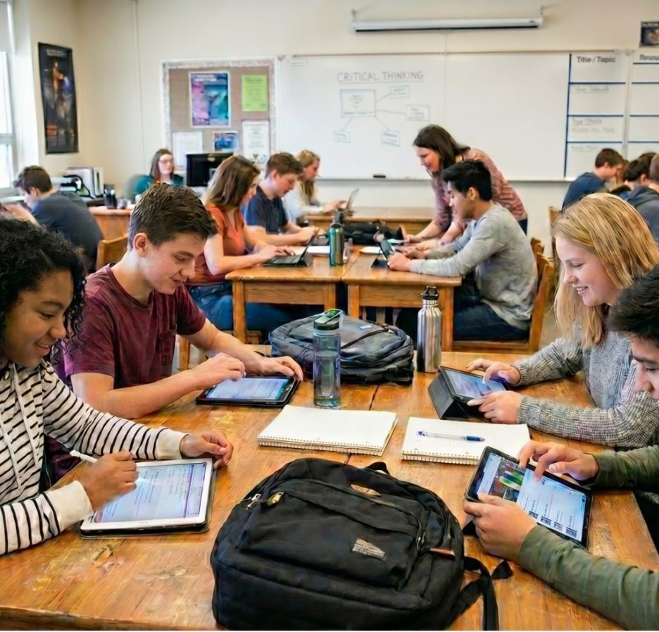 Schüler sitzen in einem hellen Klassenraum an Holztischen und arbeiten gemeinsam mit Tablets und Laptops.