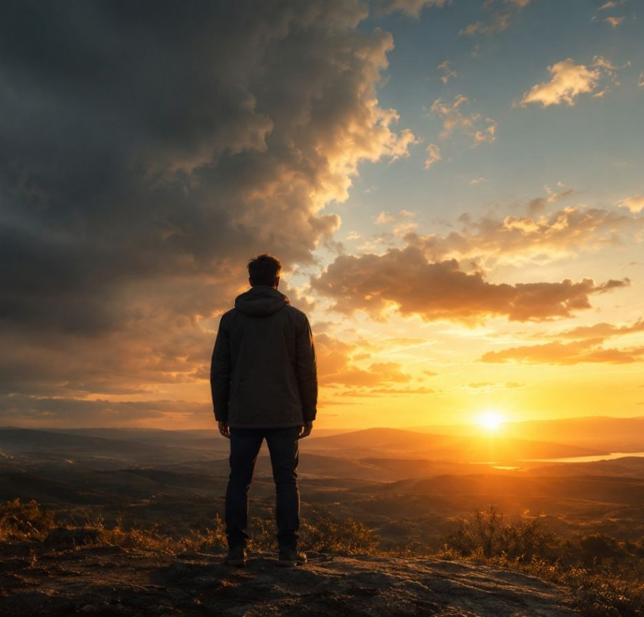 Eine weite Landschaft im Morgengrauen, in der sich dichter Nebel langsam lichtet. Sonnenstrahlen brechen durch die Wolken und beleuchten einen Weg, der durch eine von Stürmen gezeichnete, aber lebendige Umgebung führt. Im Vordergrund steht eine einzelne Person und blickt in die Ferne, während verborgene Details der Landschaft nach und nach sichtbar werden. Die Stimmung wirkt nachdenklich, hoffnungsvoll und transformierend.