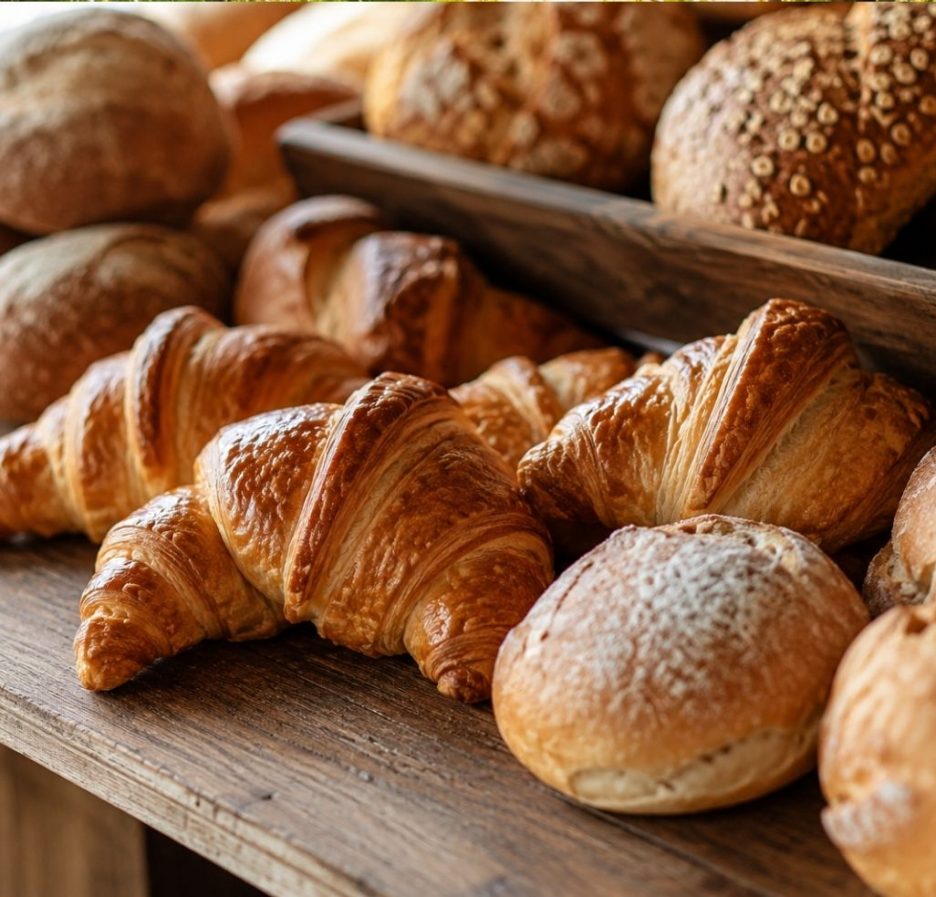 Nahaufnahme von frisch gebackenen Croissants und Brötchen auf einer rustikalen Holztheke in einer Bäckerei. Warmes Tageslicht fällt seitlich ein und hebt die goldbraune, knusprige Oberfläche der Backwaren hervor. Der Hintergrund ist weich unscharf.