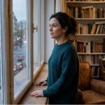 Eine Frau im dunkelgrünen Pullover steht nachdenklich an einem großen Fenster und blickt hinaus auf eine abendliche Stadtstraße. Im Hintergrund ist ein gemütliches Zimmer mit einem gefüllten Bücherregal, einem Ledersessel und einer warmen Stehlampe zu sehen.
