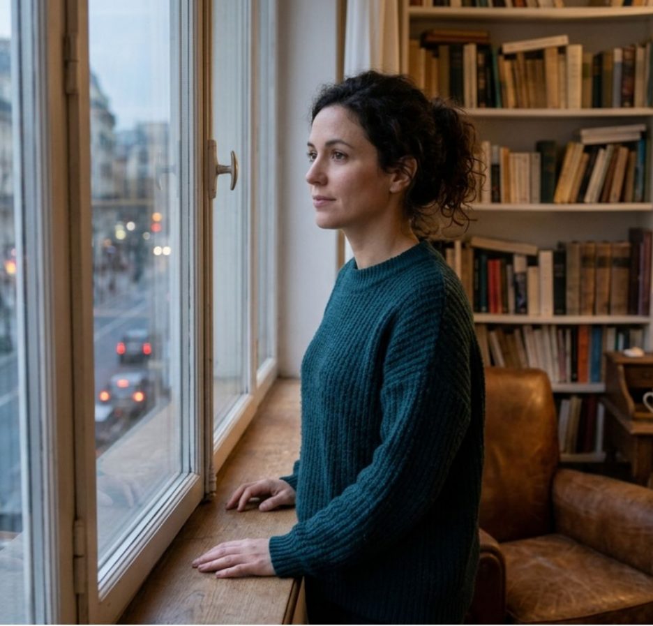 Eine Frau im dunkelgrünen Pullover steht nachdenklich an einem großen Fenster und blickt hinaus auf eine abendliche Stadtstraße. Im Hintergrund ist ein gemütliches Zimmer mit einem gefüllten Bücherregal, einem Ledersessel und einer warmen Stehlampe zu sehen.