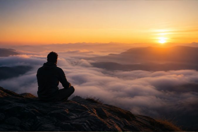 Eine einzelne Person steht still in einer weiten Naturlandschaft bei Sonnenaufgang. Nebel liegt über dem Tal, während sanftes Licht die Szene durchdringt und eine Atmosphäre von innerer Ruhe, Selbstreflexion und spiritueller Tiefe vermittelt.