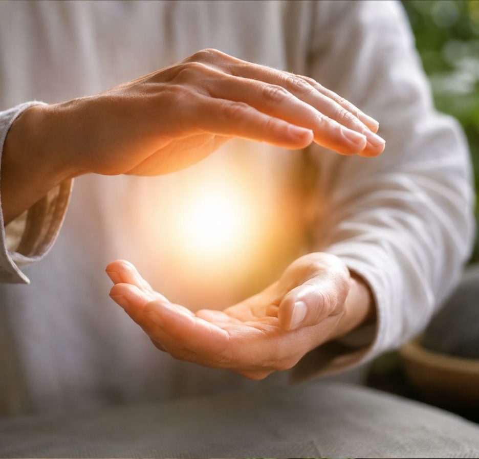 Eine Person hält die Hände vor dem Körper in einer meditativen Haltung. Zwischen den Handflächen scheint ein sanftes, goldenes Licht zu schweben. Im Hintergrund sind weiche, harmonische Lichtstrukturen und subtile geometrische Muster zu erkennen, die Ruhe, Energiefluss und Achtsamkeit symbolisieren. Die Szene wirkt spirituell, friedlich und inspirierend.
