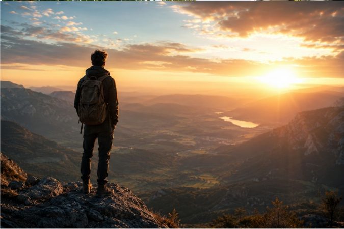 Eine einzelne Person steht auf einem Felsvorsprung und blickt bei Sonnenaufgang über eine weite Berglandschaft mit Tälern, Flussläufen und goldenem Licht am Horizont. Die Szene vermittelt Hoffnung, Stärke und den Mut, den eigenen Weg weiterzugehen.