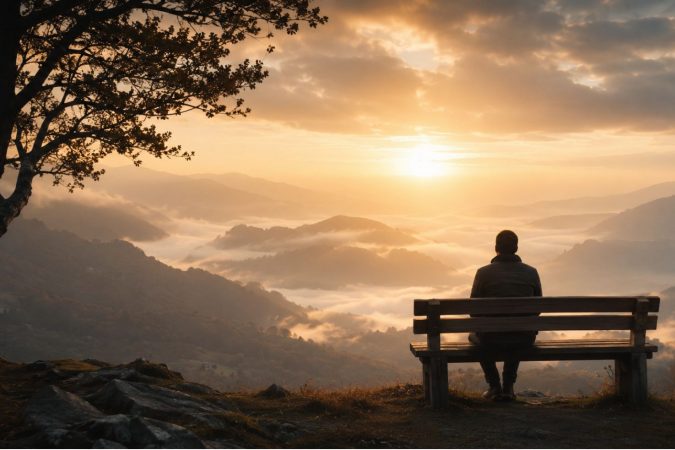 Eine einzelne Person steht bei Sonnenuntergang auf einem Hügel und blickt über eine weite Landschaft. Das warme Licht taucht die Szene in goldene Farben und vermittelt Nachdenklichkeit, Ruhe und das Bewusstsein für die Vergänglichkeit des Lebens.