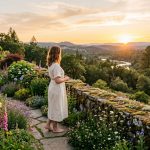 Frau im blühenden Garten bei Sonnenuntergang mit Blick über ein Tal