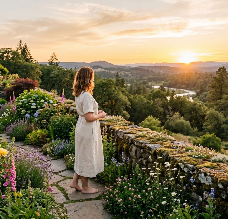 Frau im blühenden Garten bei Sonnenuntergang mit Blick über ein Tal