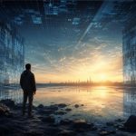 Eine einzelne Person steht auf einem felsigen Ufer und blickt über eine spiegelglatte Wasserfläche auf eine futuristische Stadt am Horizont. Riesige digitale Strukturen und rasterartige Muster umgeben die Szenerie, während goldenes Licht den Himmel erhellt und die Grenze zwischen Realität und Simulation verschwimmen lässt.