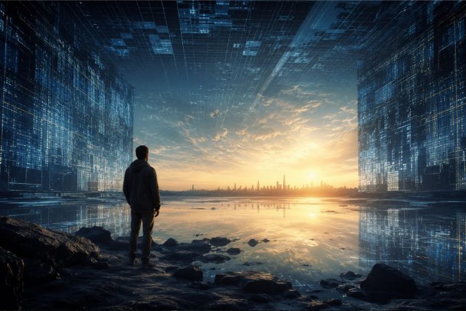 Eine einzelne Person steht auf einem felsigen Ufer und blickt über eine spiegelglatte Wasserfläche auf eine futuristische Stadt am Horizont. Riesige digitale Strukturen und rasterartige Muster umgeben die Szenerie, während goldenes Licht den Himmel erhellt und die Grenze zwischen Realität und Simulation verschwimmen lässt.