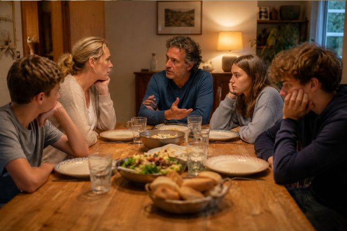 Eine Familie sitzt schweigend an einem Esstisch. Die angespannte Stimmung und die nachdenklichen Blicke verdeutlichen die emotionale Distanz zwischen den Familienmitgliedern