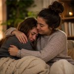 Zwei Menschen sitzen auf einem gemütlichen Sofa in einem warm beleuchteten Wohnzimmer. Eine Person hält die andere tröstend im Arm, während im Hintergrund Kerzen und weiches Licht eine ruhige, geborgene Atmosphäre schaffen.