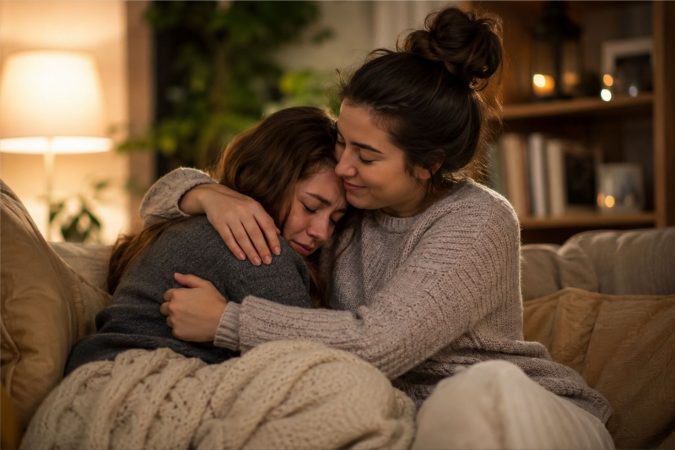Zwei Menschen sitzen auf einem gemütlichen Sofa in einem warm beleuchteten Wohnzimmer. Eine Person hält die andere tröstend im Arm, während im Hintergrund Kerzen und weiches Licht eine ruhige, geborgene Atmosphäre schaffen.