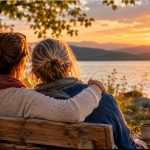 Zwei enge Freundinnen sitzen eng umschlungen auf einer Holzbank am Ufer eines ruhigen Sees und blicken gemeinsam in einen leuchtenden Sonnenuntergang. Die warme Abendstimmung, das stille Wasser und die sanfte Berglandschaft vermitteln Geborgenheit, Vertrauen und tiefe Verbundenheit.