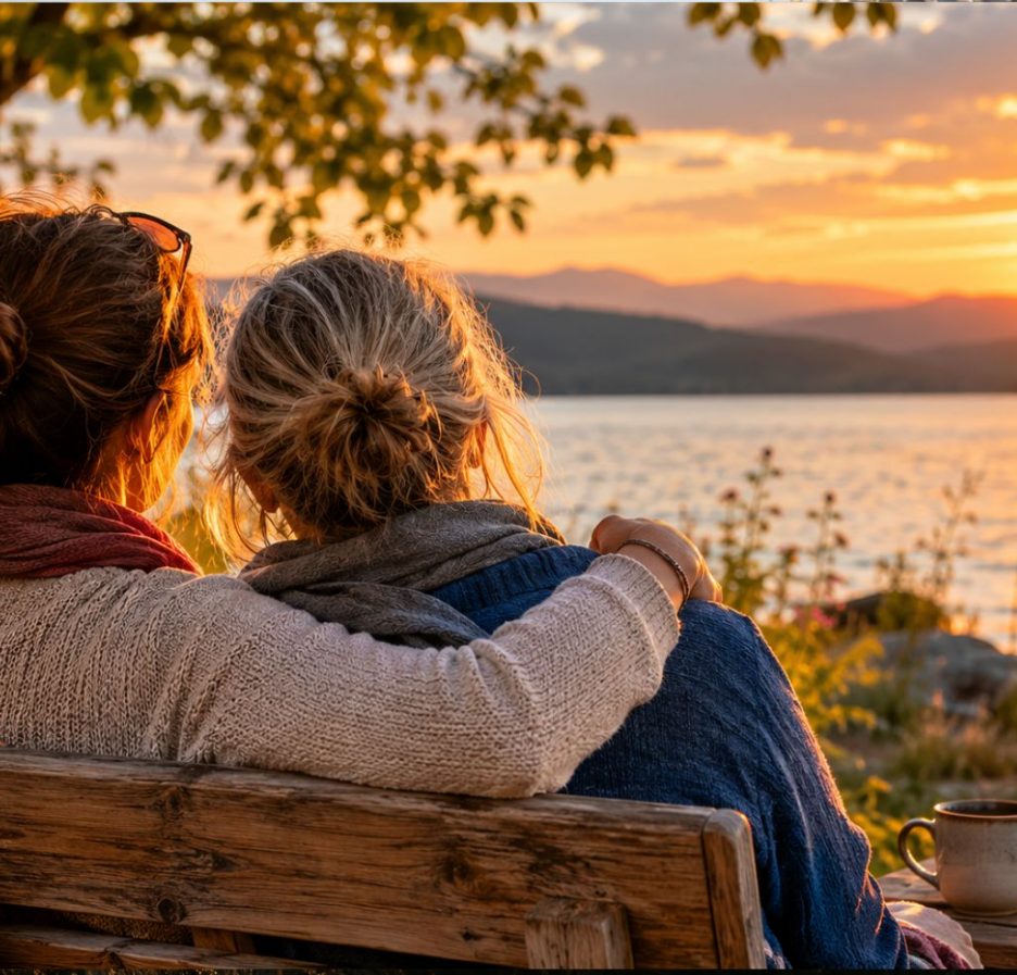 Zwei enge Freundinnen sitzen eng umschlungen auf einer Holzbank am Ufer eines ruhigen Sees und blicken gemeinsam in einen leuchtenden Sonnenuntergang. Die warme Abendstimmung, das stille Wasser und die sanfte Berglandschaft vermitteln Geborgenheit, Vertrauen und tiefe Verbundenheit.