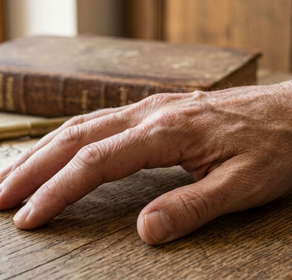 Menschliche Hand auf rustikalem Holztisch neben historischem Anatomiebuch