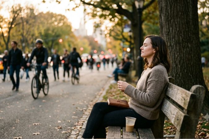 Eine Frau sitzt mit geschlossenen Augen ruhig auf einer Parkbank im Profil, während im unscharfen Hintergrund Menschen hektisch vorbeigehen und Fahrrad fahren.