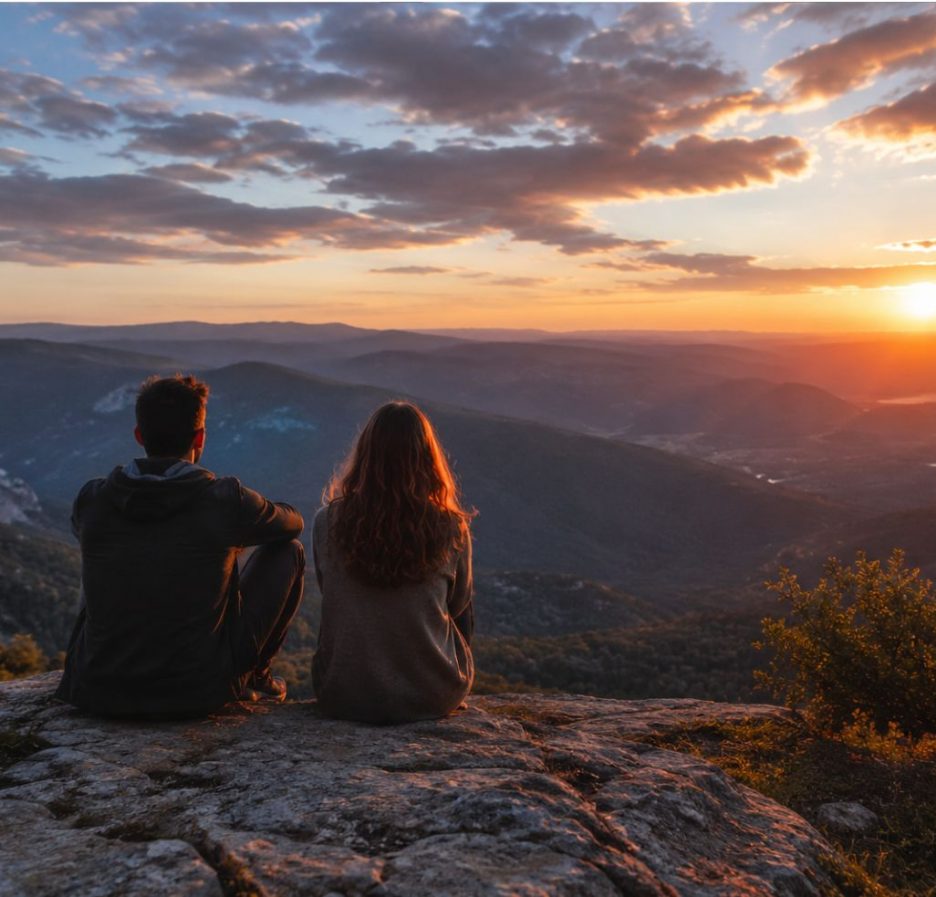 Zwei Menschen sitzen mit etwas Abstand nebeneinander auf einem Felsen und blicken bei Sonnenuntergang über eine weite Berglandschaft. Die ruhige Szene vermittelt Freiheit, Verbundenheit und gegenseitigen Respekt.