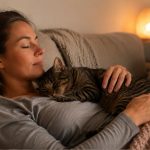 Eine entspannt auf einem Sofa liegende Frau hält eine schlafende getigerte Katze auf ihrer Brust. Das warme Licht und die ruhige Atmosphäre vermitteln Geborgenheit, Nähe und Entspannung.