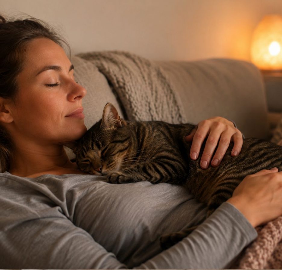 Eine entspannt auf einem Sofa liegende Frau hält eine schlafende getigerte Katze auf ihrer Brust. Das warme Licht und die ruhige Atmosphäre vermitteln Geborgenheit, Nähe und Entspannung.