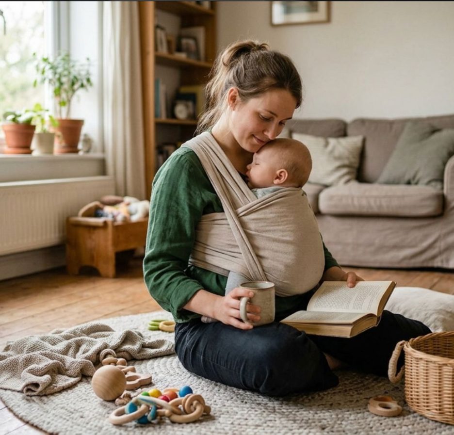 Eine Mutter sitzt im Schneidersitz auf einem runden Teppich im hellen Wohnzimmer und hält ein aufgeschlagenes Buch. Ihr schlafendes Baby ist in einem beigen Tragetuch eng an ihre Brust gebunden. Vor ihr liegen Holzspielzeuge und ein geflochtener Korb auf dem Holzboden.