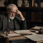Ein nachdenklicher älterer Gelehrter sitzt in einem historischen Arbeitszimmer an einem mit Akten und Manuskripten bedeckten Schreibtisch. Im Hintergrund stehen Bücherregale und antike Büsten, die eine ernste, historische Atmosphäre erzeugen.