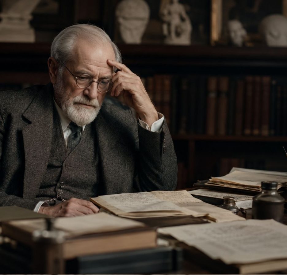 Ein nachdenklicher älterer Gelehrter sitzt in einem historischen Arbeitszimmer an einem mit Akten und Manuskripten bedeckten Schreibtisch. Im Hintergrund stehen Bücherregale und antike Büsten, die eine ernste, historische Atmosphäre erzeugen.