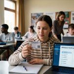 Ein Foto aus einem deutschen Klassenzimmer zeigt eine Schülerin im Vordergrund, die nachdenklich eine Karte mit der Aufschrift „SCHÜLER-ID“ in der Hand hält. Neben ihr steht ein aufgeklappter Laptop, auf dessen Bildschirm die Überschrift „Bildungsverlaufsregister“ und Datenvisualisierungen zu sehen sind. Im Hintergrund arbeiten weitere Schüler an ihren Tischen, und an der Wand hängen Lernposter, darunter eines zum Thema Datenschutz.