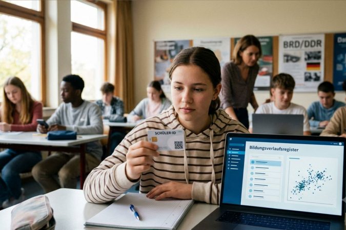 Ein Foto aus einem deutschen Klassenzimmer zeigt eine Schülerin im Vordergrund, die nachdenklich eine Karte mit der Aufschrift „SCHÜLER-ID“ in der Hand hält. Neben ihr steht ein aufgeklappter Laptop, auf dessen Bildschirm die Überschrift „Bildungsverlaufsregister“ und Datenvisualisierungen zu sehen sind. Im Hintergrund arbeiten weitere Schüler an ihren Tischen, und an der Wand hängen Lernposter, darunter eines zum Thema Datenschutz.