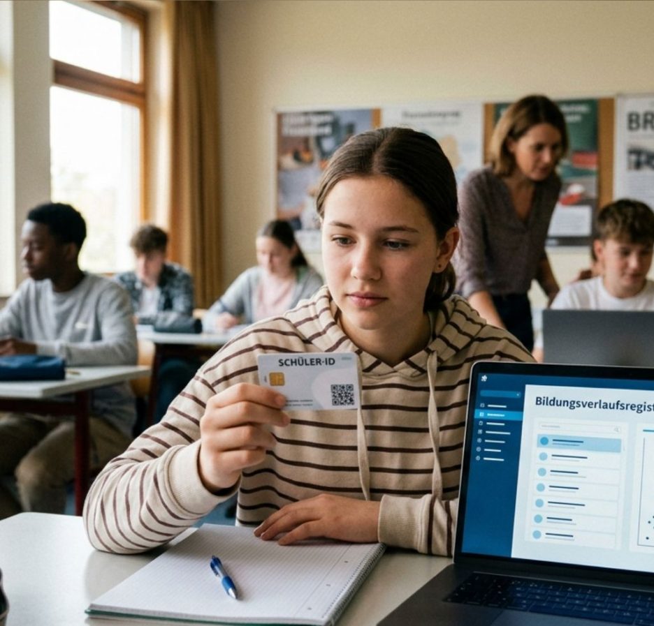 Ein Foto aus einem deutschen Klassenzimmer zeigt eine Schülerin im Vordergrund, die nachdenklich eine Karte mit der Aufschrift „SCHÜLER-ID“ in der Hand hält. Neben ihr steht ein aufgeklappter Laptop, auf dessen Bildschirm die Überschrift „Bildungsverlaufsregister“ und Datenvisualisierungen zu sehen sind. Im Hintergrund arbeiten weitere Schüler an ihren Tischen, und an der Wand hängen Lernposter, darunter eines zum Thema Datenschutz.