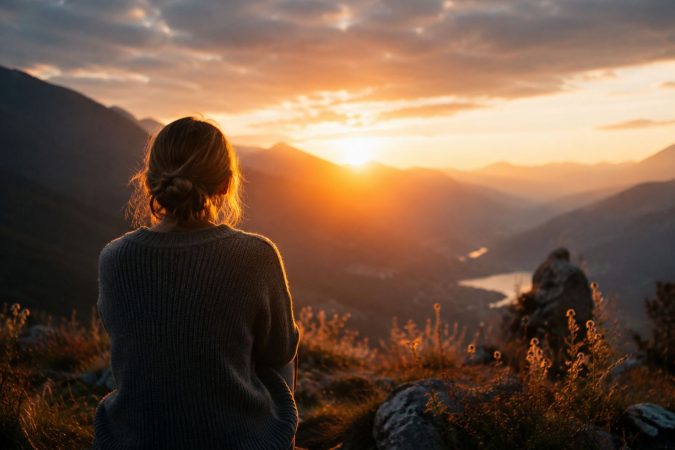 Eine Frau sitzt auf einem Berg und blickt bei Sonnenuntergang über ein weites Tal mit Bergen und einem Fluss.