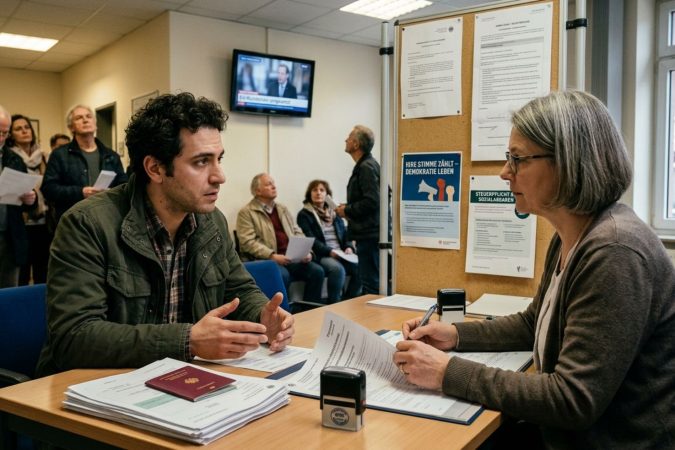 Ein junger Mann mit dunklen, lockigen Haaren sitzt an einem Schreibtisch in einem belebten Bürgeramt und gestikuliert ernst, während er mit einer älteren, grauhaarigen Sachbearbeiterin spricht, die ihm gegenüber sitzt und auf Formulare zeigt. Ein roter Reisepass liegt auf einem Stapel Papierkram vor ihm. Im Hintergrund warten andere Menschen in einer Warteschlange und auf Stühlen; an der Wand hängt eine Pinnwand mit Aushängen und ein Fernseher, der Nachrichten zeigt. Durch das Fenster ist ein Straßenschild mit der Aufschrift „RATHAUS“ zu sehen.
