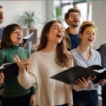 Gemischter Chor singt gemeinsam in einem hellen Proberaum. Eine Sängerin steht im Mittelpunkt, während Menschen unterschiedlichen Alters mit Notenmappen begeistert mitsingen.