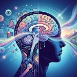 Eine illustrative und surrealistische Darstellung, die das Gehirn und die Sinneswahrnehmungen zeigt. Die linke Seite des Bildes zeigt ein geometrisches und neuronales Netzwerk mit Symbolen für Augen, Ohren und Hände, das in ein stilisiertes Gehirn führt. Die rechte Seite des Gehirns ist heller und organischer, mit Linien, die in eine Landschaft aus Bergen, einer Stadt und einem Nachthimmel übergehen, was den Fluss von rohen Sinnesdaten zu einer verarbeiteten, kohärenten Realität darstellt.