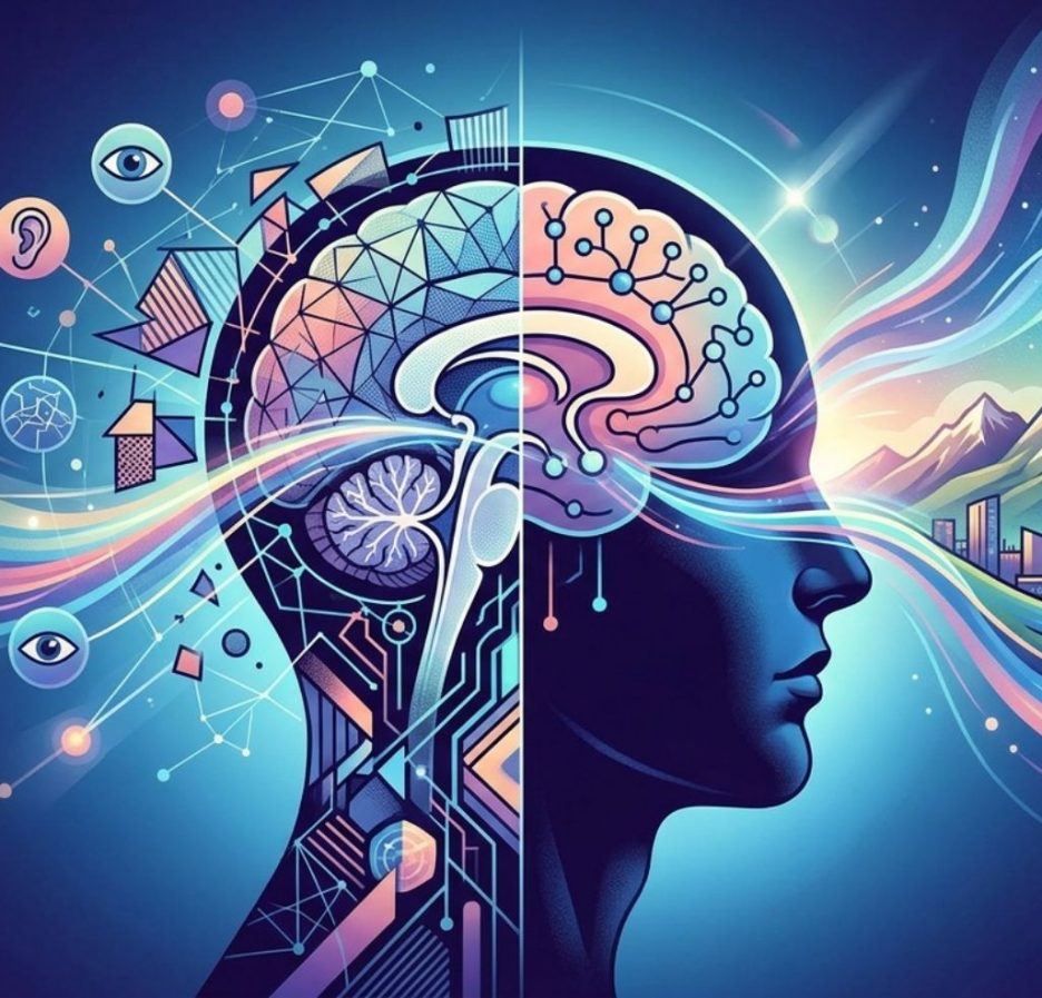 Eine illustrative und surrealistische Darstellung, die das Gehirn und die Sinneswahrnehmungen zeigt. Die linke Seite des Bildes zeigt ein geometrisches und neuronales Netzwerk mit Symbolen für Augen, Ohren und Hände, das in ein stilisiertes Gehirn führt. Die rechte Seite des Gehirns ist heller und organischer, mit Linien, die in eine Landschaft aus Bergen, einer Stadt und einem Nachthimmel übergehen, was den Fluss von rohen Sinnesdaten zu einer verarbeiteten, kohärenten Realität darstellt.