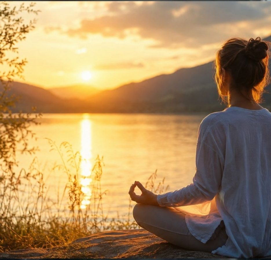 Frau meditiert bei Sonnenuntergang an einem See inmitten einer ruhigen Berglandschaft