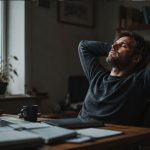 Erschöpfter Mann sitzt mit geschlossenen Augen und hinter dem Kopf verschränkten Armen an einem Schreibtisch in einem ruhigen Homeoffice.